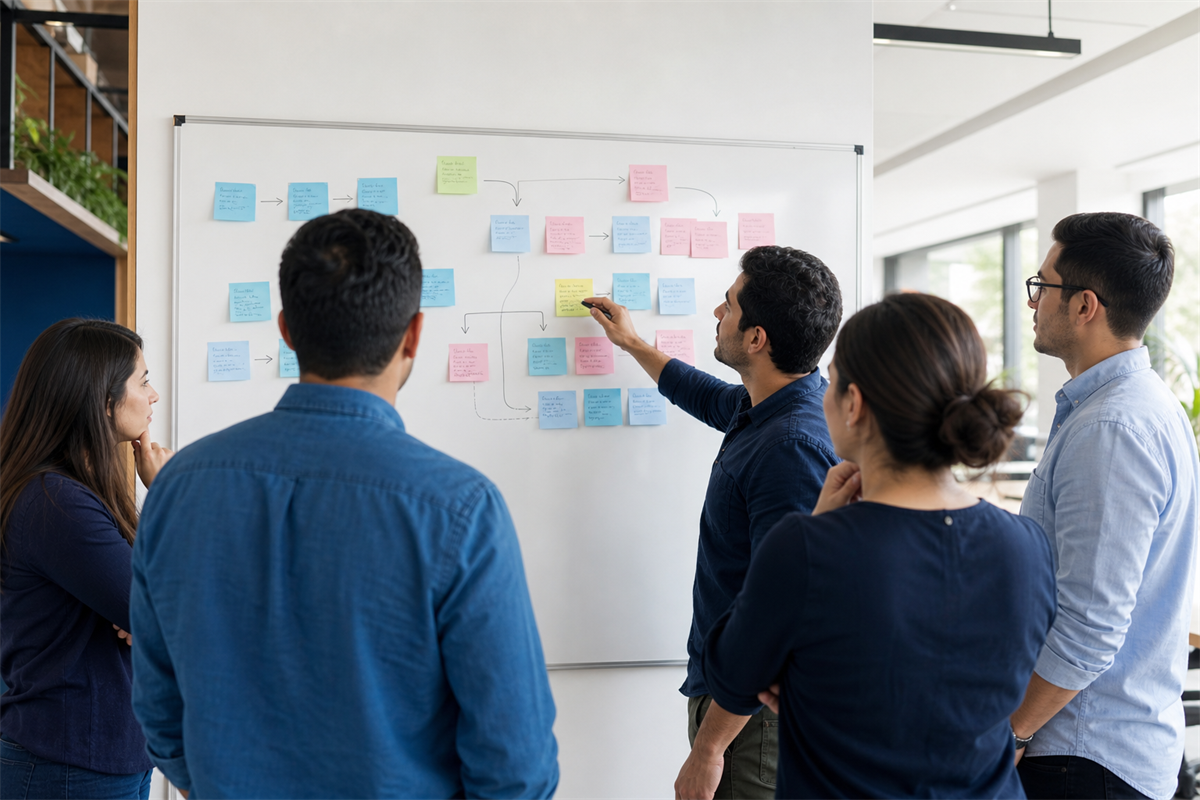 Team shaping a process at a collaborative working board