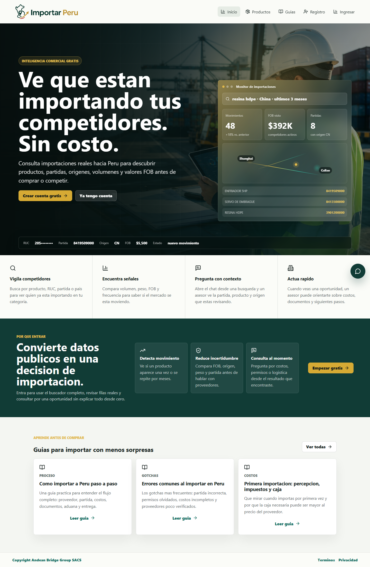 Importar Peru full landing page showing market-signal sections and import guides
