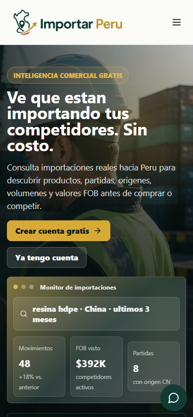 Importar Peru mobile homepage with import monitor and guides
