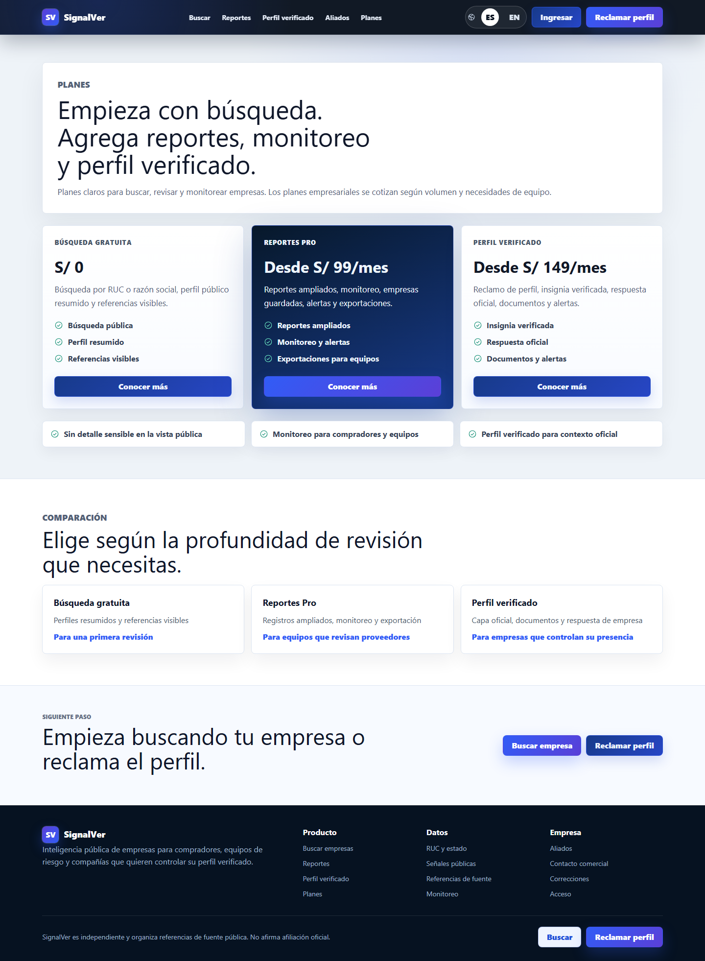 SignalVer Spanish pricing page with Free, Pro, and Enterprise plans