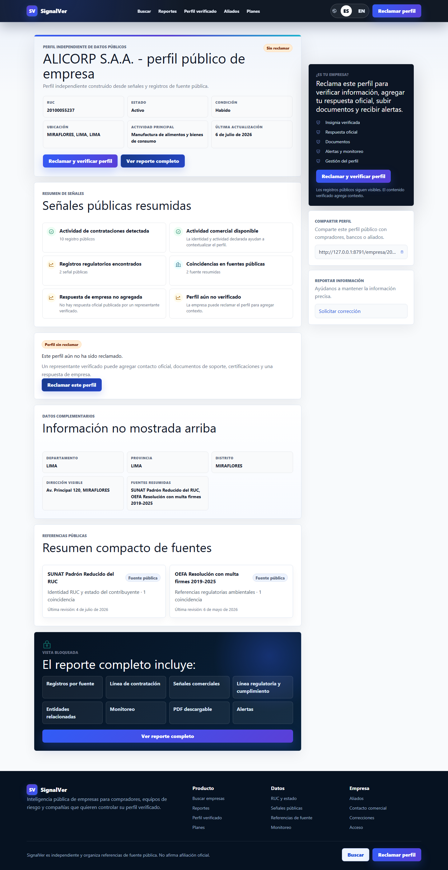SignalVer company RUC intelligence profile in Spanish