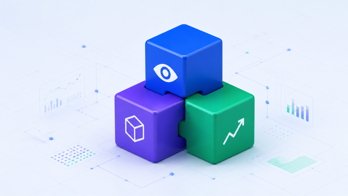 Three connected cubes representing understanding, production, and growth