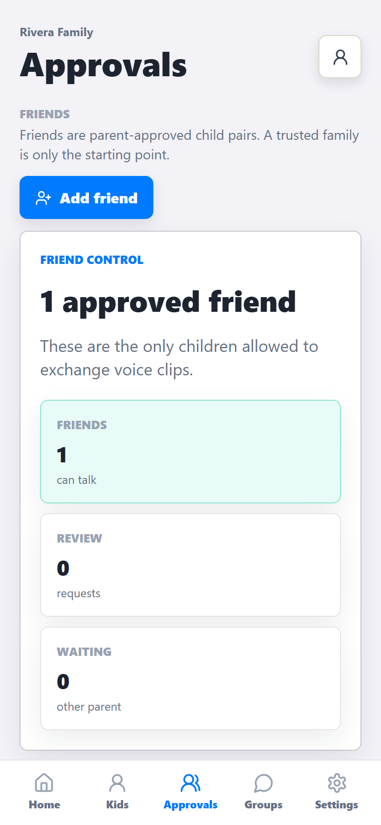 Walki Kidalki parent approvals screen showing child-to-child permissions