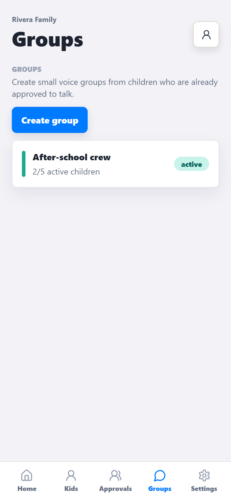 Walki Kidalki parent groups screen showing small approved groups