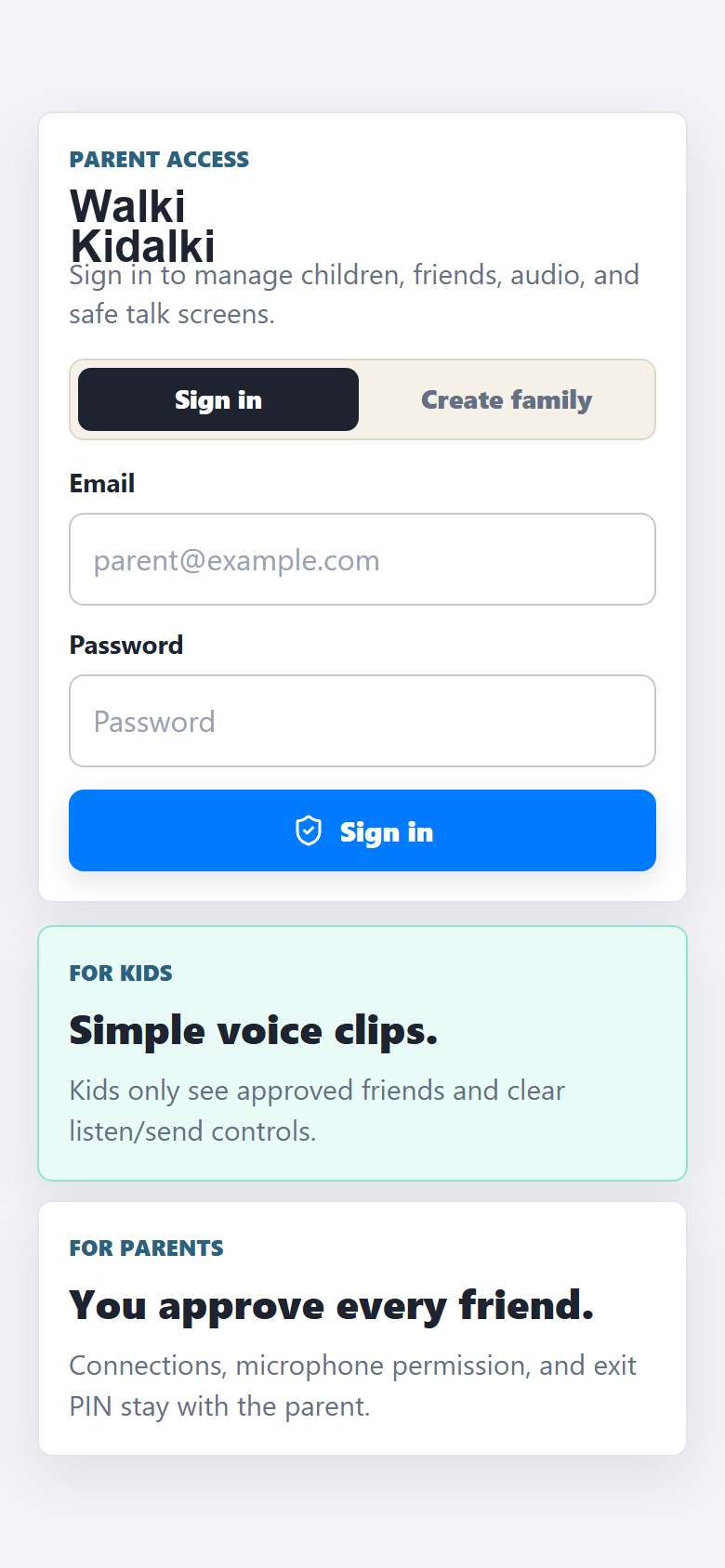 Walki Kidalki signed out screen with parent sign in and registration